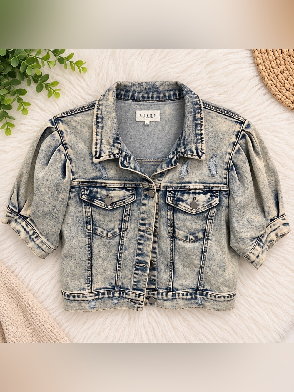 RISEN Acid Wash Cropped Denim Jacket | Puff Sleeve Distressed Jean Jacket